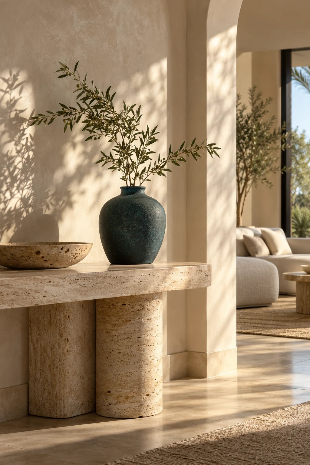 Olive branch in a deep teal vase on warm travertine with ivory linen